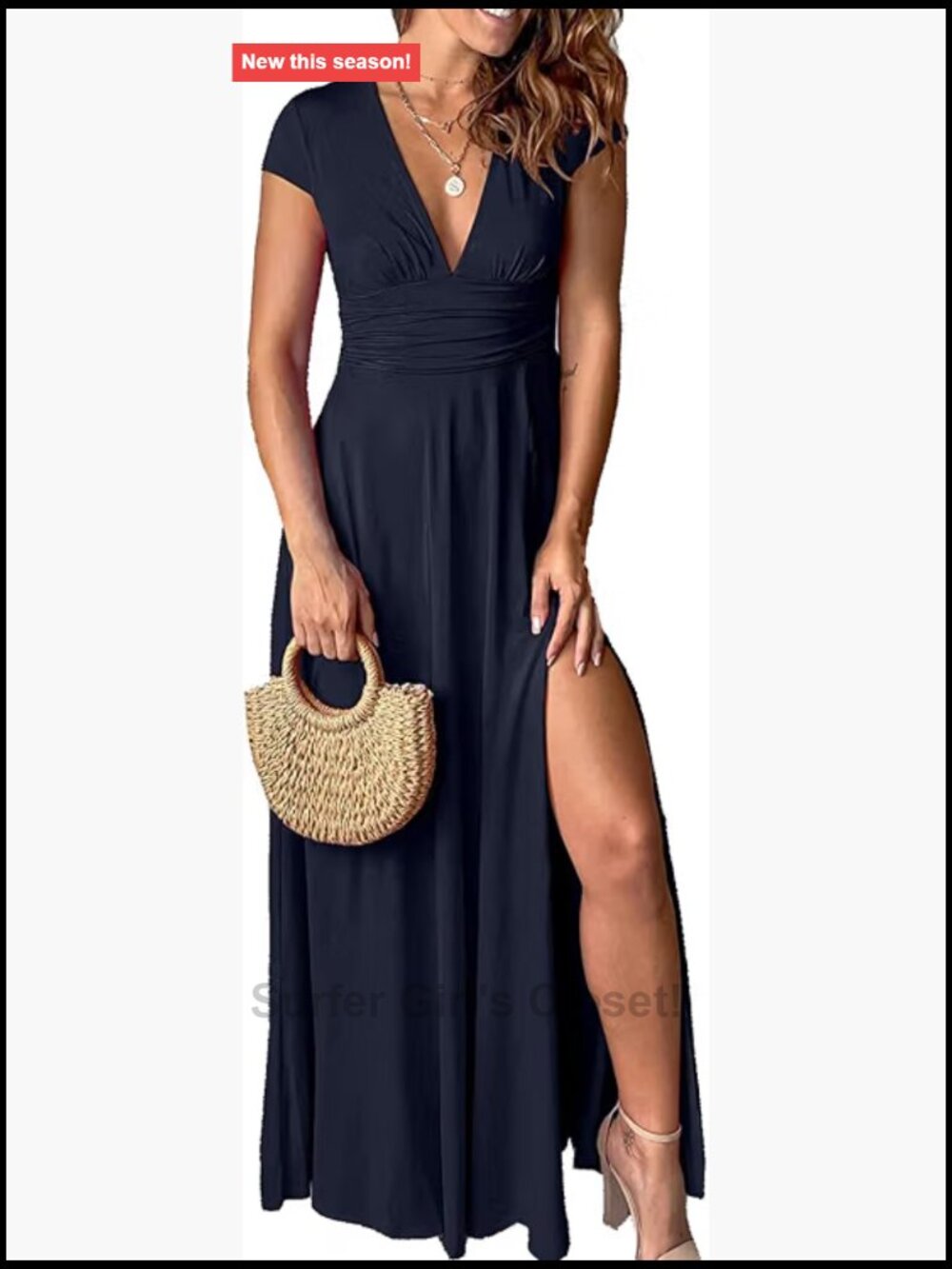 Sexy Deep V Neck Solid Color Pleated High Waist Slit Club Party Evening Long
